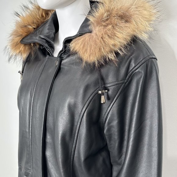 Genuine Lamb Leather Longline Coat Jacket w/ Remove-able Faux Fur Trim Hood - Picture 4 of 16